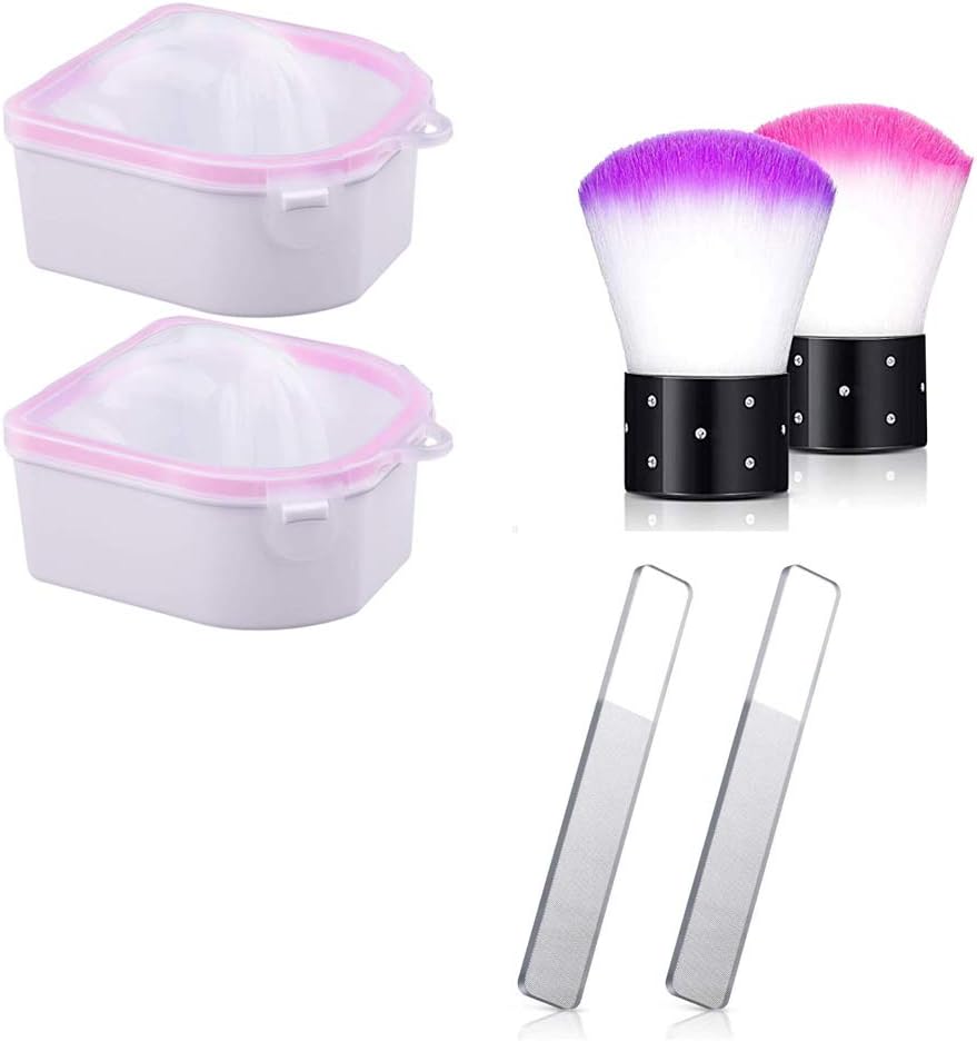 Youery 2pcs Nail Soaking Bowl,2pcs Nail File,2pcs Nail Brush,Soak Off Bowls,Warm Water Manicure Bowl,Soaker Tray,Professional Nano Crystal Glass Nail File,Nail Arts Dust Cleaner Makeup Brushes
