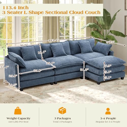Image of 113.4 inch Modular Sectional Sofa,Cloud Couch for Living Room, Modern Deep Seat Sofa 3 Seater Chenille Fabric Comfy Couches with Throw Pillows & Ottoman for Apartment