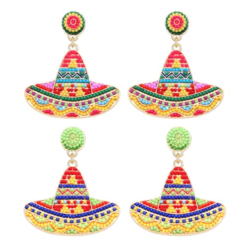 Mexican Fiesta Earrings for Women Beaded Sombrero Chili Avocado Dangle Earrings Mexican Independence Day Earrings Holiday Festive Party Jewelry Gifts (2Pairs Sombrero)
