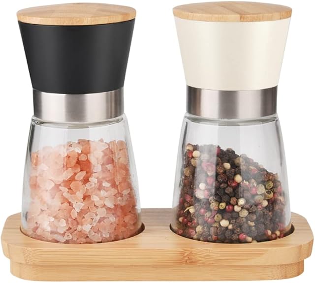 Akira London Salt and Pepper Mill Set - Ceramic Grinder with Bamboo Stand - Black and Cream with Adjustable Coarseness - Wooden Lids - Large Refillable Empty Airtight Container