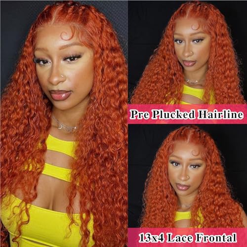Ginger Orange Deep Wave Lace Front Wigs Human Hair Colored 13x4 HD Transparent Lace Frontal Wig Human Hair for Black Women 180% Density Glueless Curly Wigs with Baby Hair Pre Plucked 26 Inch