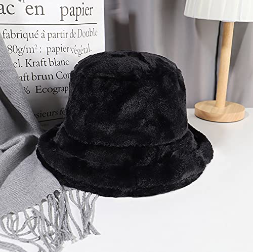 Xyiyi Black Furry Bucket Hat Fluffy Winter Warm Fisherman Cap Gifts For Women Teen Girls #TOP3