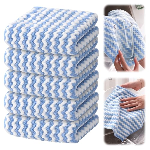 GJV 5 Pack Kitchen Dish Rags Absorbent Quick Drying Cloths for Kitchen,Washing Dishes,Cleaning Rags Reuseable Cleaning Dishcloths Microfiber Washing Dishes Scrubbing Wash Towels Sets (Blue, 25x25cm)