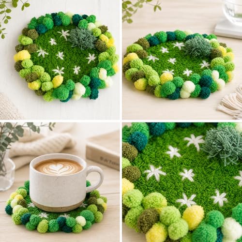 Image of beausougon Latch Hook Kits for Adults Beginners with 3D Moss Design Coasters, 2 Pack DIY Craft Kit with Soft Yarns and Tools