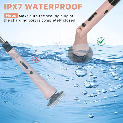 Image of Electric Spin Scrubber, Hillyfe Bathroom Scrubber Electric with 7 Replaceable Brush Heads, IPX7 Waterproof,300 /400 RPM, 3 Adjustable Length,Scrubber Brush Electric for Bathtub Floor,Pink