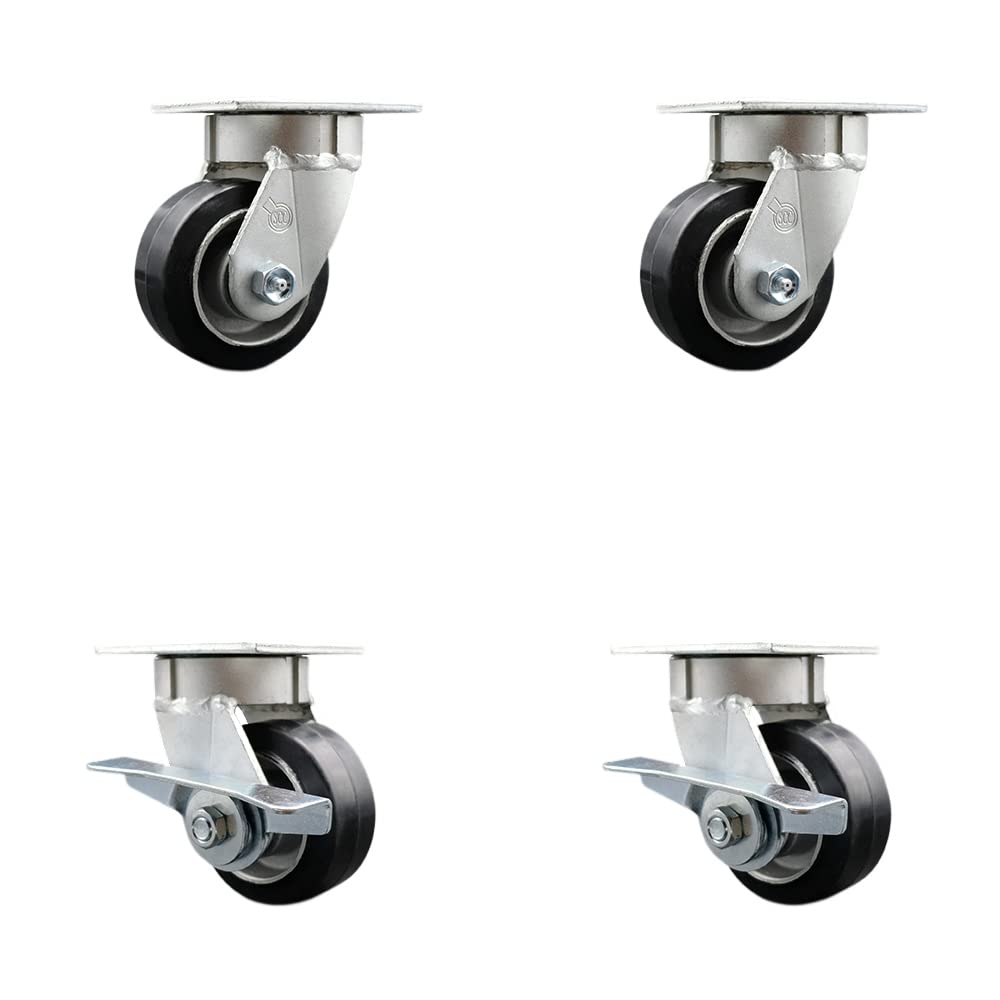 Kingpinless Rubber on Aluminum Swivel Top Plate Caster Set of 4 w/4" x 2" Black Wheels - Includes 2 Swivel with Brakes & 2 Swivel - 1600 lbs Total Capacity - Service Caster Brand