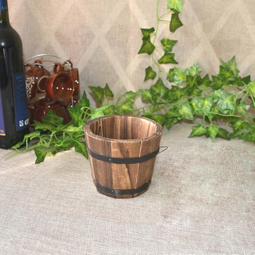 Image of Healeved Wooden Round Barrel Flower Pot Planter with Breathable Bottom Hole for Home Office Garden Decor 7.08X5.9 Inches
