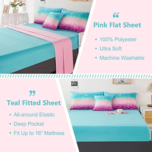Perfemet 6Pcs Teal Purple Comforter Set Twin Size, Tie Dye Rainbow Glitter Bed In A Bag, Gradient Pastel Ombre Sparkle Bedding Set For Kids Teens Girls (Blue Teal Purple, Twin) #TOP4