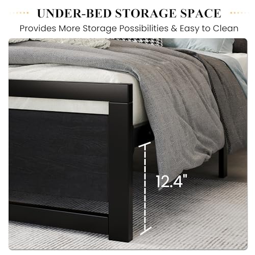 Image of SHA CERLIN Heavy Duty King Size Bed Frame with Modern Headboard, Black | Platform Metal Base with Footboard and 13 Slats Support, No Box Spring Needed