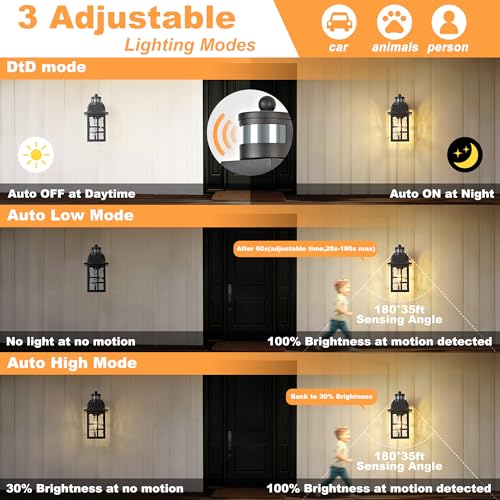 Image of OKELI Outdoor Wall Lights with Motion Sensor, Exterior Waterproof Lantern, Front Porch Sconce Lighting with Water Ripple Glass Shade, Anti-Rust Wall Lamps Outside Lights for Garage (Black-2pack)