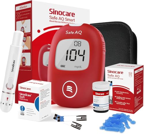 Sinocare Blutzuckermessgerät Set mit Teststreifen & Lanzetten (25+25 Stück) - Einfach zu bedienen - Ideal für unterwegs und Reise - mg/dL - Safe AQ Smart