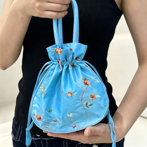 Image of Silk Jewelry Bags Retro Embroidery Fabric Hand Bag Large Sky Blue | 2PCS Bulk Brocade Pouch Drawstring Gift Bag ,for Candy Wedding Party Presents Snacks & Jewelry