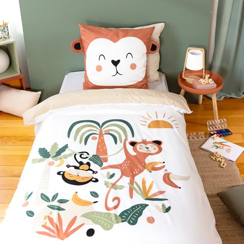 CÔTE DECO Parure de Lit Enfant Ouistiti – Housse de Couette 140x200 cm + 1 Taie d'oreiller 63x63 cm Oreilles Matelassées – Thème Animaux de la Jungle en...