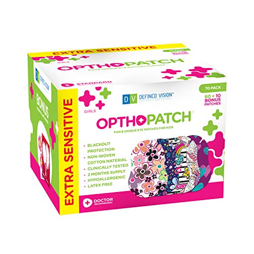 Kids Eye Patches - Fun Girls Design - 60 + 10 Bonus Latex Free Hypoallergenic Cotton Extra Sensitive Adhesive Bandages For Amblyopia & Lazy Eye -1 Reward Chart Posters - Optho-Patch by Defined Vision