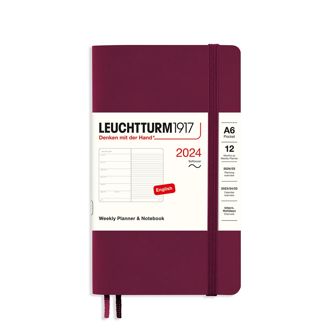 LEUCHTTURM1917 367796 Weekly Calendar & Notebook Softcover Pocket (A6) 2024, 12 Months, Port Red, English