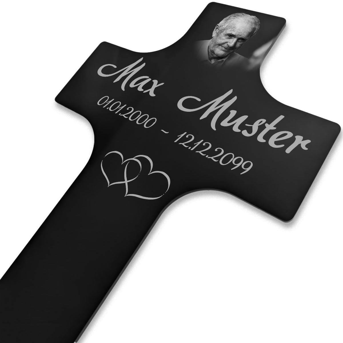 Paule Black Personalisierter Grabstecker Kreuz Grabschmuck mit Foto Gravur - Acrylglas Schwarz Hochglanz 400 x 800 mm - wetterfest für Außenbereich, Mama Papa Oma Opa Steckkreuz