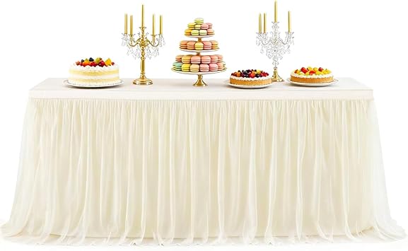 6Ft Champagne Tulle Table Skirts for Rectangle Tables Covers Ruffle Tutu Cloth Table Skirt, 72X30.3 Tulle Tablecloth for Wedding Round Table Bridal Baby Shower Birthday Banquet Party Decorations