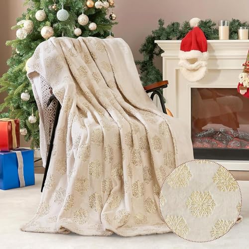 WONGS BEDDING Kuscheldecke Weihnachten 220x240cm Beige Sherpa Decke Flauschig Weihnachts, Wohndecke Rentier Schneeflocken WarmDecke Wohndecke Blanket für Mädchen Sofa Bett Büro