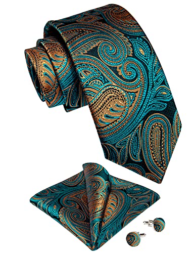 Image of DiBanGu Mens Paisley Tie Sets Silk Jacquard Woven Floral Necktie and Pocket Square Cufflinks Wedding Business Party