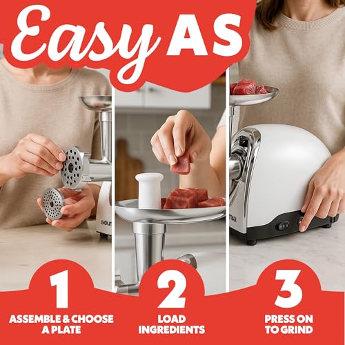Gourmia Electric Meat Grinder – 500W Commercial Grade Meat Processor with Sausage Stuffer, 3 Stainless Steel Grind Plates Fine to Coarse, Stainless Steel by Gourmia - Image 8