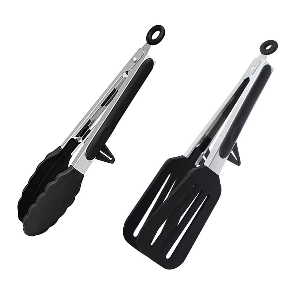 OHAOLYLE Kitchen Tongs 9 Inch Silicone Tongs Non-Slip Cooking Tongs,Suitable for Baking Frying, Serving(Black,2pcs)