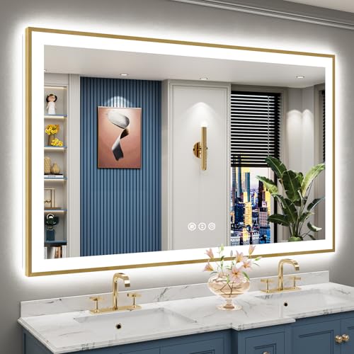 Image of 60x40 Gold LED Bathroom Mirror with Lights, Backlit & Front Lit | Brushed Gold Framed, Anti-Fog Lighted Vanity Mirror, Dimmable, 3-Color Temp, Memory, CRI95, HD Tempered Glass, UL Listed