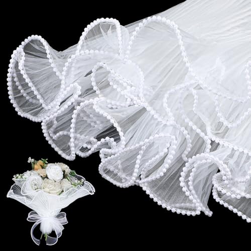 4.37 Yards White Wrapping Paper with Pearl Trim, Wrinkled Floral Paper Wrap
