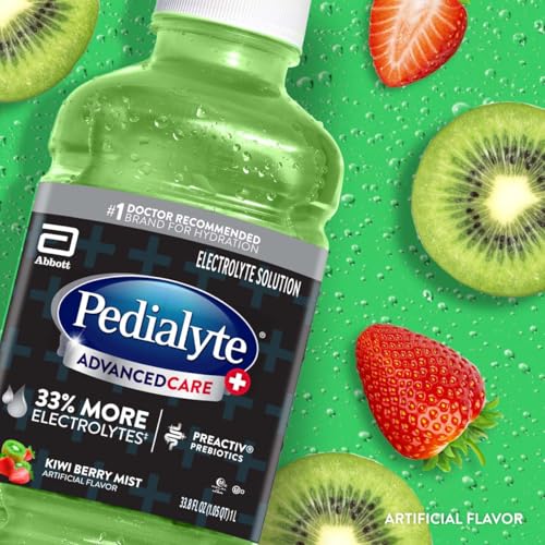 Image of Pedialyte AdvancedCare Plus Electrolyte Hydration Drink, Has 33% More Electrolytes and Has PreActiv Prebiotics, Kiwi Berry Mist, 1 Liter, Pack of 4