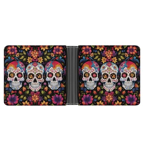 Men's Leather Wallet Bifold Wallet for Men Colorful Flower Skulls Slim Wallet with Multiple Card Classic Passcase Mens Card Holder