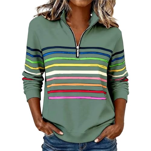 Generisch Sweatshirt Women's Rainbow Striped Tops V Neck Long Sleeve Half Zip Tops Fashionable Striped Pullover Half Zip Loose Fit Casual Jumper Rainbow Streetwear, Green, L