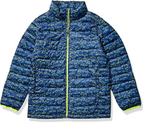 Amazon Essentials Boys' Lightweight Water-Resistant Packable Puffer Jacket Outerwear-Jackets, Navy Line Shark,...