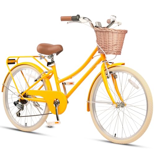 Glerc Missy 24 Pouces Cruiser Femme 6 Vitesses vélo Enfant vélo Urbain Hybride 6 Vitesses, pour 12, 13, 14, 15 Ans, avec paniers en Saule,Jaune
