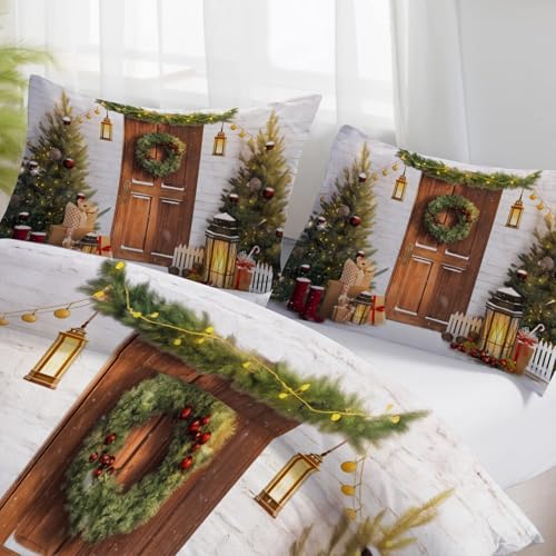 Funda nórdica King con puerta de madera navideña reversible de lujo y fundas 6