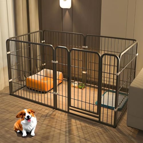 Riuuyyi ペットサークル 犬 サークルケージ ドア付き 小型犬 室内 屋外 置くだけ 柵 自立 犬用ゲージ ドッグラン セットドア付 6枚 高さ60cm 簡単組み立て 工具不要 レイアウト自由 (ブラック)