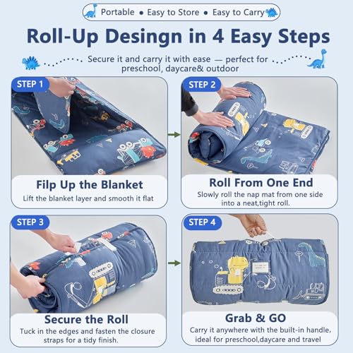 Image of Cotton Toddler Nap Mat for Boys,Roll Up Slumber Bags Dinosaur Pattern,Toddler Nap Mat with Removable Pillow and Blanket, Kids Sleeping Mat for Daycare,Preschool and Kindergarten-Navy Blue