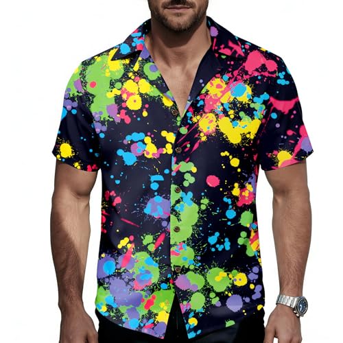Zando Neon Shirts for Men - Funny Hawaiian Shirt Vibrant Tropical Print Short Sleeve Button Down Rave Novelty Glow Outfits Top for 80s Party & Festival & Vacation Neon Splash Large
