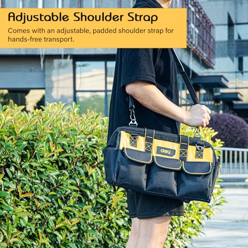 Image of Deli DL430116 16 inch Oxford Cloth Tool Storage Bag with Multi Compartment Pockets Handle & Steel Bar Heavy Duty Multipurpose Easy and Convenient Tools Organizer for Electrician Plumber Technician (1Pc)