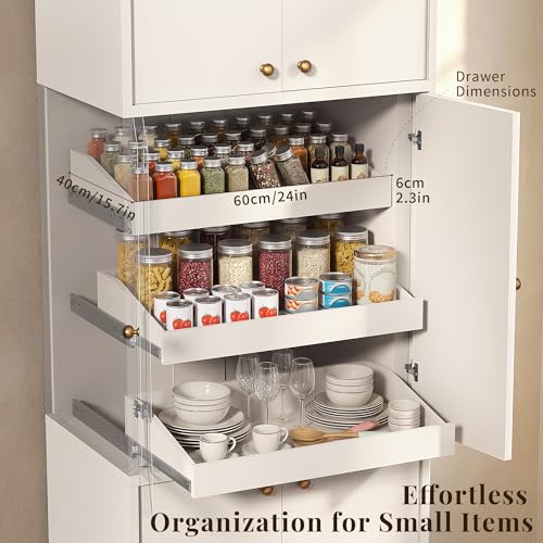 Image of 71 Inch Tall Kitchen Pantry Cabinet with Pull Out Drawers, Modular Concealed Storage Hutch, Expandable Wall System, Heavy Duty Thickened Panels, Freestanding Kitchen Organizer, White