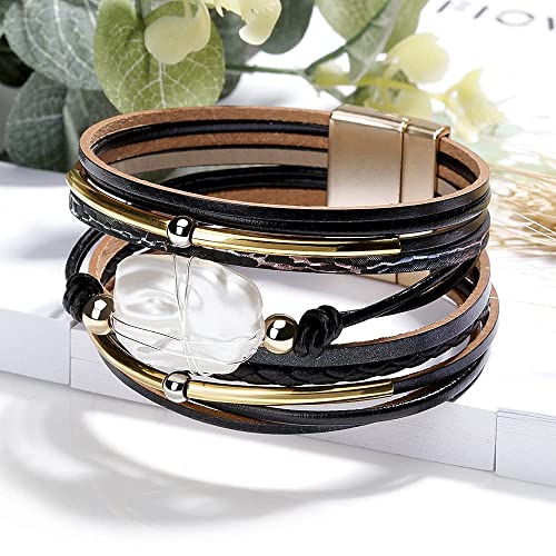 Image of Fesciory Leather Wrap Bracelets for Women, Boho Leopard Multi-Layer Crystal Beads Cuff Bracelet Jewelry