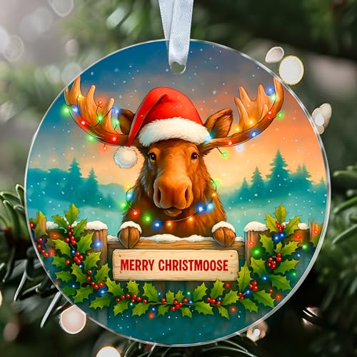 NKPDesigns Merry Christmoose Ornament - Funny Moose with Santa Hat and Christmas Lights Acrylic Ornament - Gift for Animal Lovers and Holiday Decor