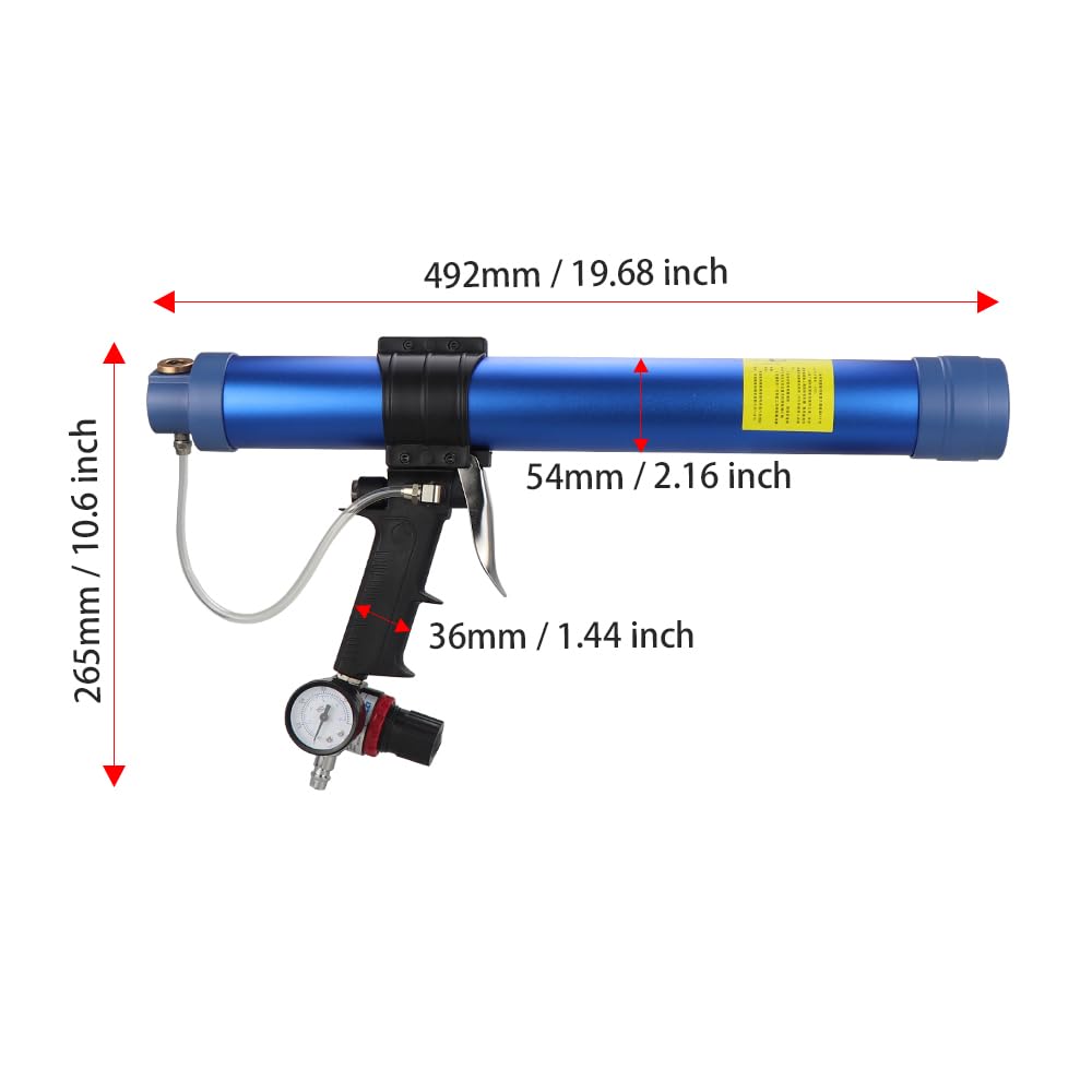 Pistolet à calfeutrer pneumatique pour saucisses 600 ml - Pistolet à mastic en silicone - Pistolet à air et caoutchouc - Outil d'application avec 10 buses de colle transparentes