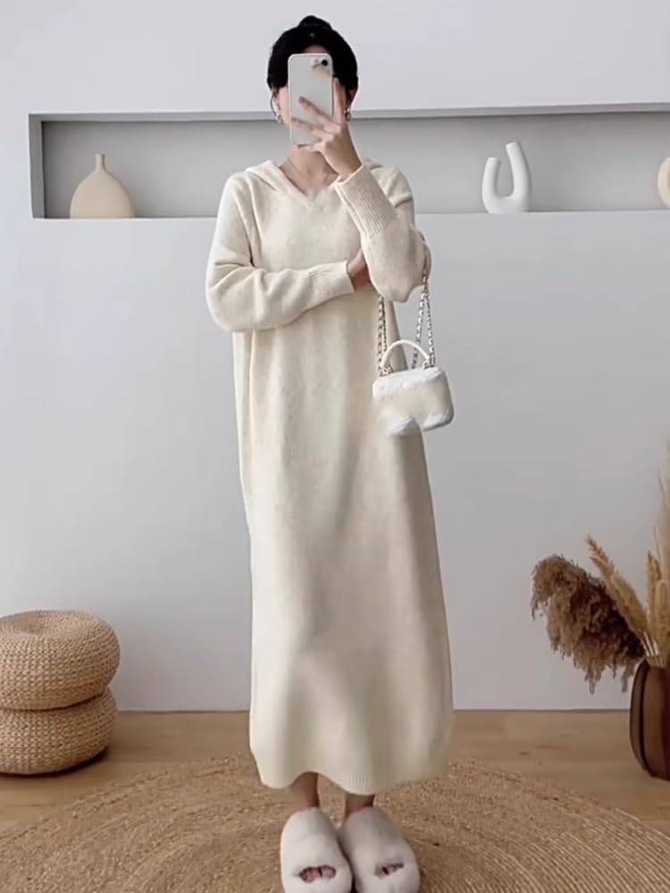 Long Bottoming Knitted Dress for Women in Autumn and Winter with Coat Loose Lazy Hooded Sweater Skirt