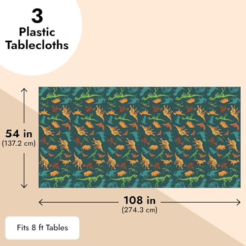 Image of BLUE PANDA Dinosaur Tablecloths for Birthday Party - 54 x 108 in, Green, Pack of 3, Disposable Plastic - Dinosaur Birthday Tablecloth - Disposable Table Covers for Baby Shower Decor