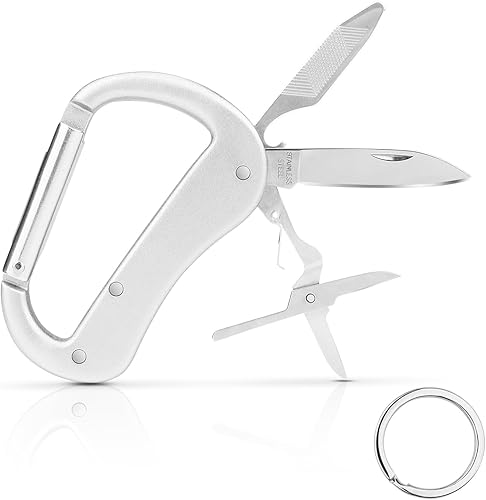 KINGSUSLAY Mosquetón multiherramienta con cuchillo de bolsillo, abrebotellas, lima de uñas, tijeras pequeñas, mosquetón EDC con cuchillos plegables,