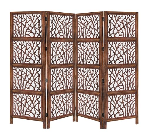 4-Panel Wooden Room Divider with Carved Sea Coral