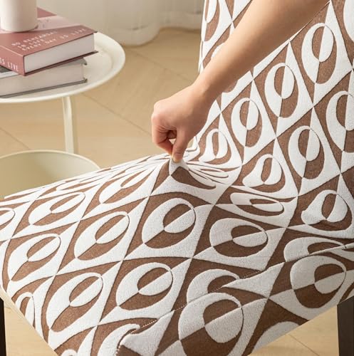 Image of HOMETHREADS Stretchable Elastic Jacquard Chair Seat Cover and Waterproof Dining Table Cover - Removable & Washable, Durable Seat Protector for Dining Room (Coffee, 4Chairs+1Table Cover (150X180))