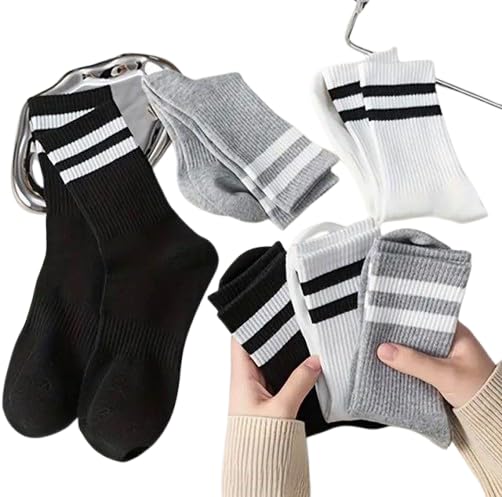 Striped calf length men and women Socks, Set of 6, Black, White, and Grey-image-37