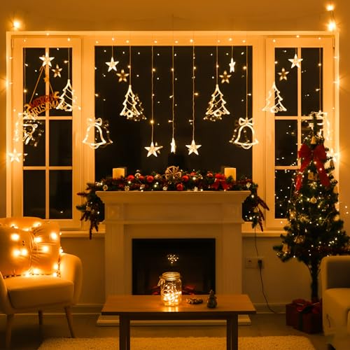 Image of Gigawatts Fairy Curtain String Light with Star Deer Tree Hanging 138 LEDs 2.5m Indoor & Outdoor Decoration Use Lights for Festival Christmas Wedding and Party (Pack of 1, Yellow)