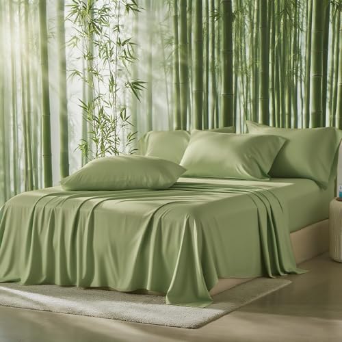 Image of 100% Viscose Derived from Bamboo Sheets Queen Size, Soft & Cooling Viscose from Bamboo Sheets Set, Organically Grown,Breathable & Soft Deep Pocket Up to 18 Inches(Light Green)