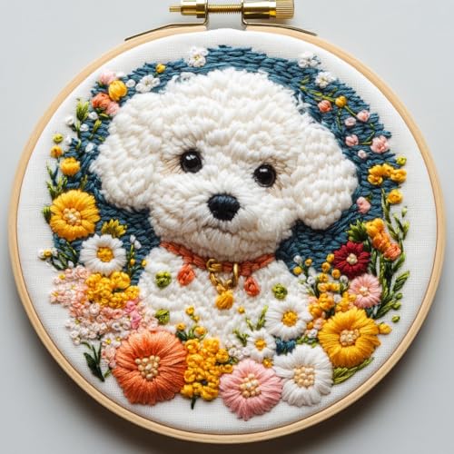 DIY Punch Needle Kits for Beginners Cute Bichon Frise Dog with Hoop Embroidery Punch Needle Starter Set Easy for Adults and Kids Festival Gift and Decor 20x20cm-7